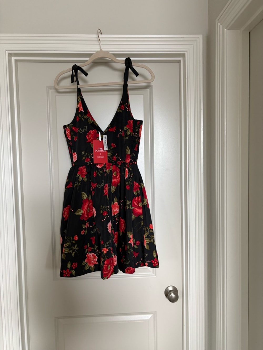 Black Floral Tie-Shoulder Sundress with Red Roses - Picture 2 of 2